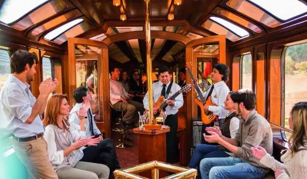 People enjoying the Hiram Bingham Luxury Train with Amantra