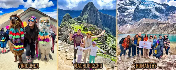 Beautiful girl with llamas in Vinicunca, Family in Machupicchu and a group of friends in the Humantay Lake.