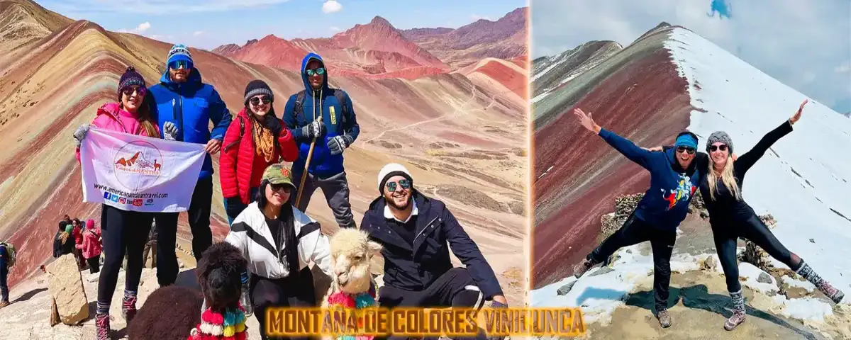 Montaña de Colores Vinicuna despejada y montaña de colores Vinicunca cubierta la mitad por nieve